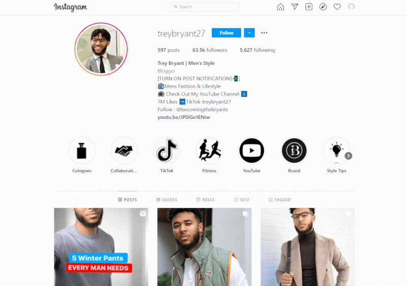 Perfil de Trey Bryant no Instagram