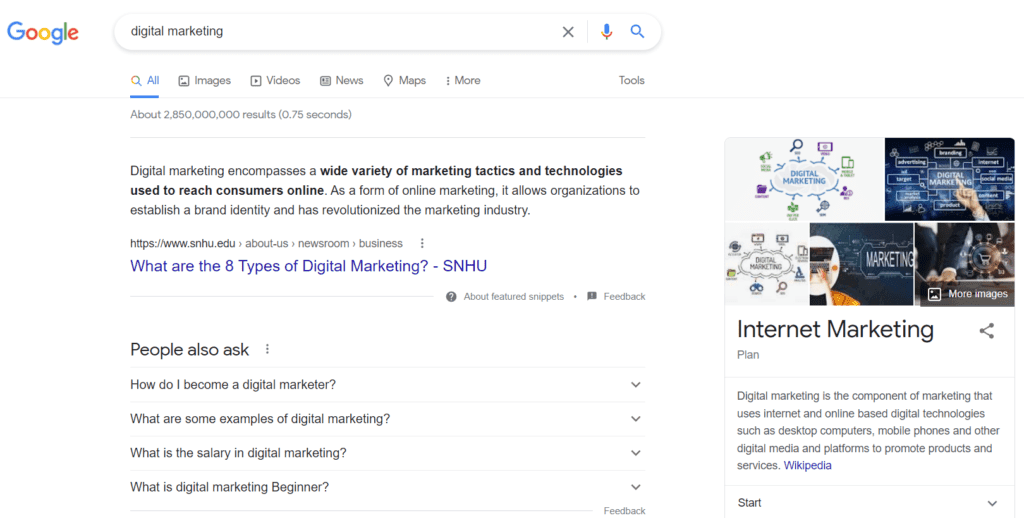 Os resultados do mecanismo de pesquisa para "marketing digital".