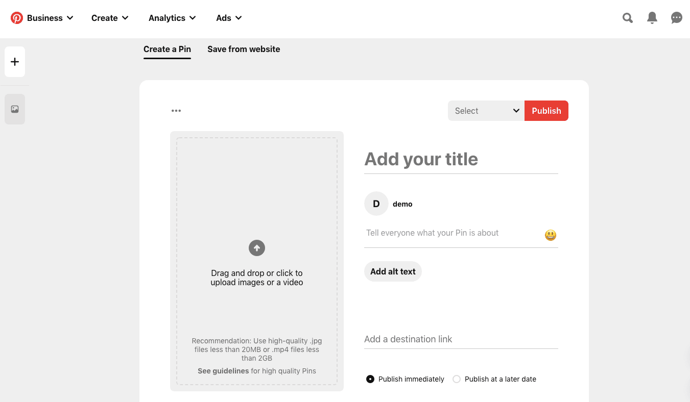 Creating a new pin in Pinterest