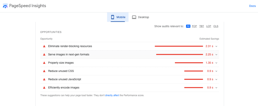 Informações sobre a velocidade da página