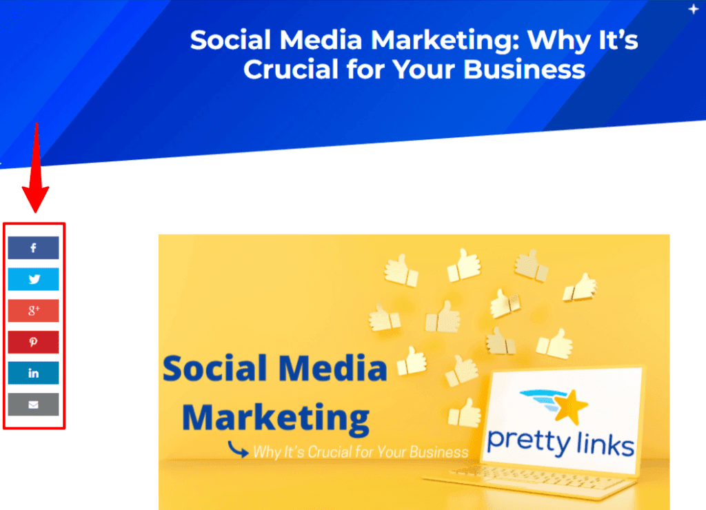 Social share buttons on PrettyLinks blog article 