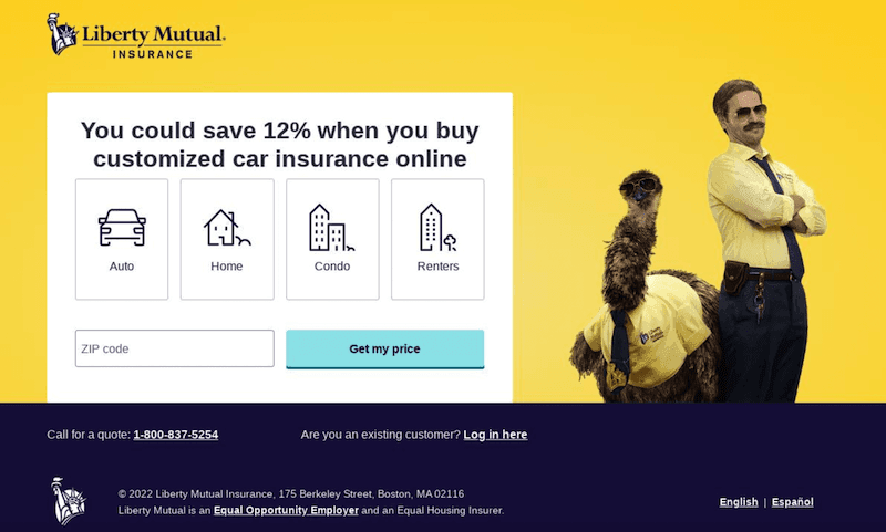 Página de inicio de Liberty Mutual con formulario de código postal.