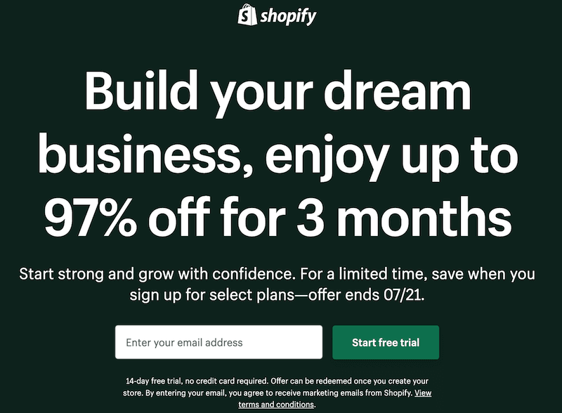 Página de aterrizaje de Shopify con un formulario de correo electrónico.
