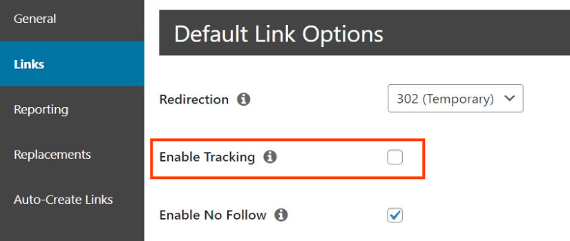 pretty links options to enable tracking