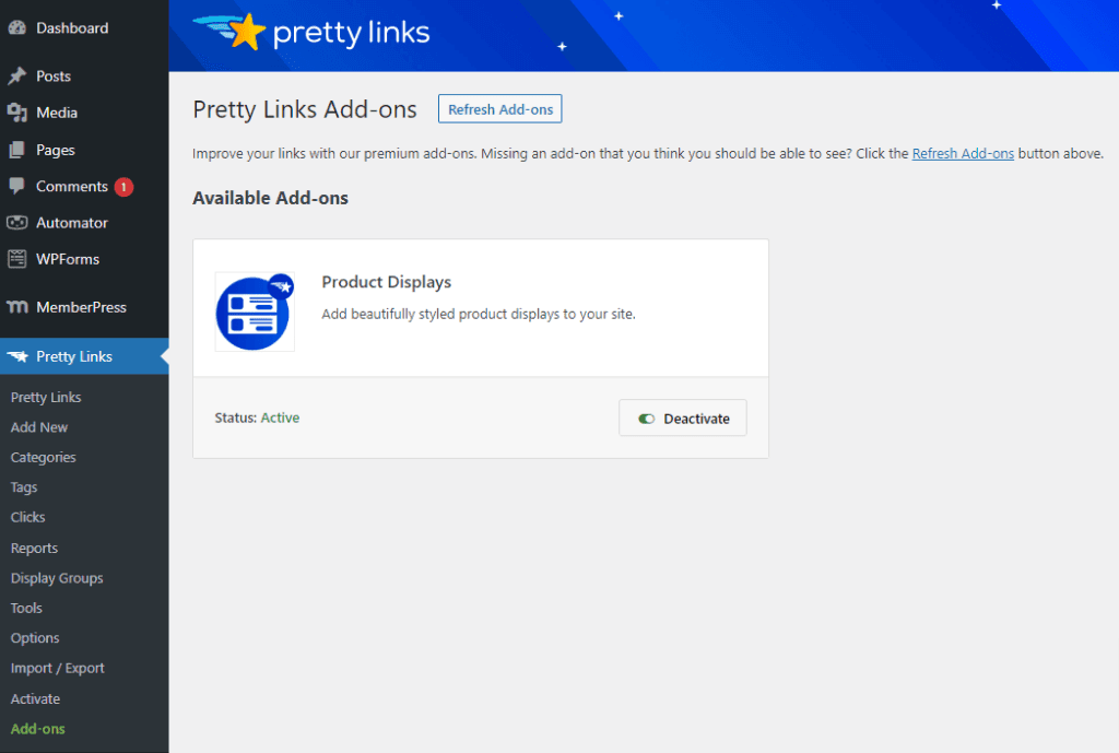 Install PrettyLinks Product Display Add-on screen
