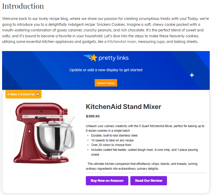 PrettyLinks Product Display backend preview