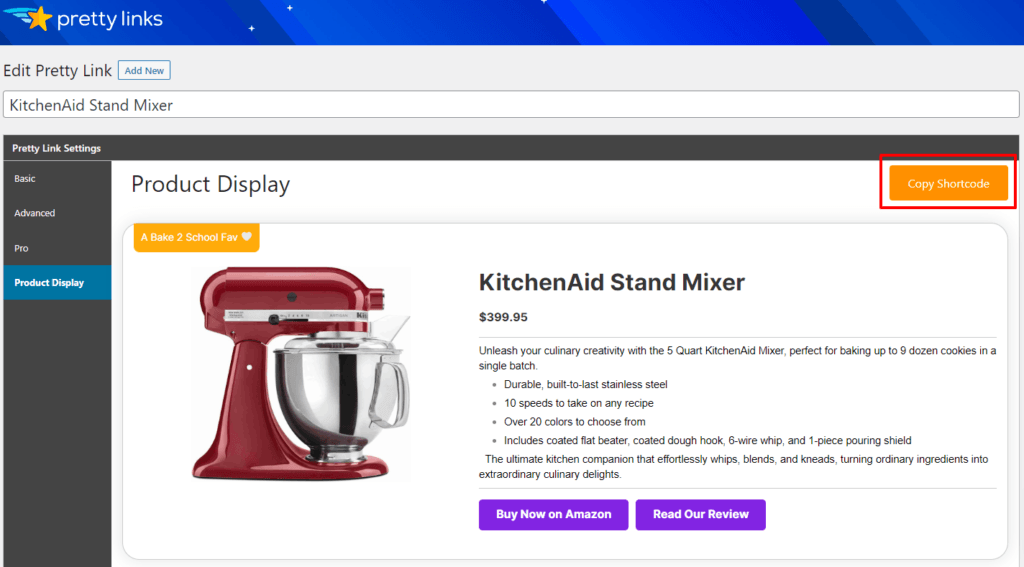 PrettyLinks Product Display Copy Shortcode button