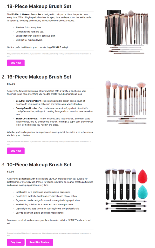 PrettyLinks Product Display Group Example_Makeup Brush Sets