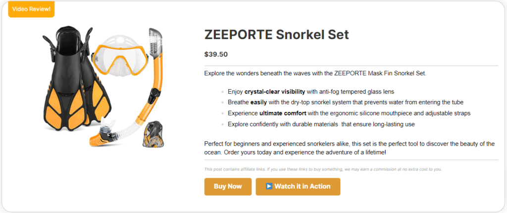 PrettyLinks Product Display Example_Snorkel Set