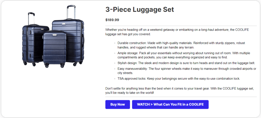 PrettyLinks Product Display Example_Luggage Set