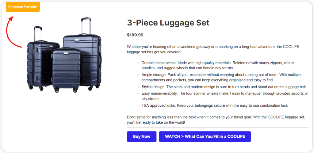 PrettyLinks Product Display Badge Example_Luaggar Set