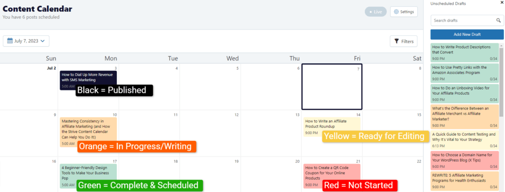 Strive Content Calendar post status feature