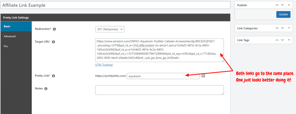 A shortened and cloaked affiliate link example using PrettyLinks