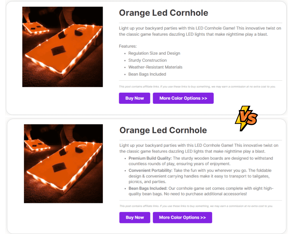 PrettyLinks Product Display features vs benefits