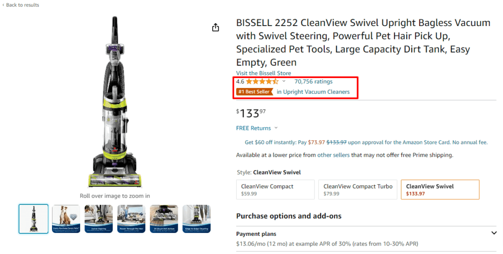 Top rated product example on Amazon