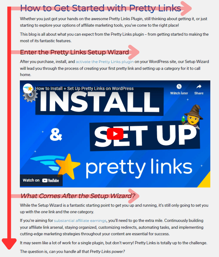 F-shaped content layout example in PrettyLinks blog article