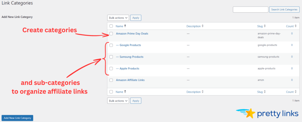 Organize your Amazon affiliate links with categories in the PrettyLinks WordPress plugin 