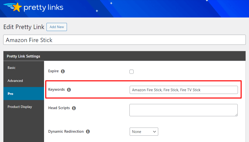 Automatically link your amazon affiliate links to keywords on your site with the PrettyLinks Keyword Replacement tool 