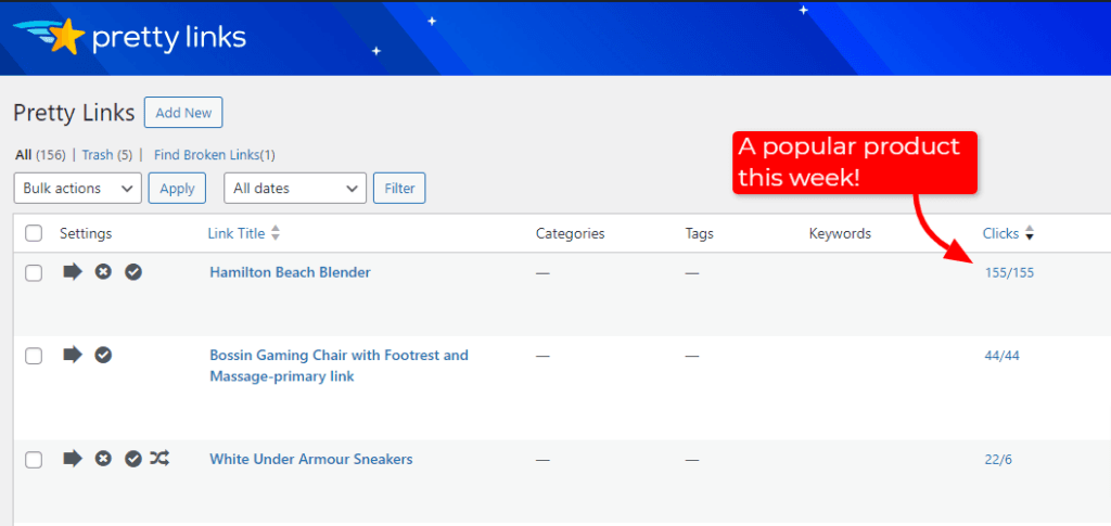 PrettyLinks kann feststellen, welche Affiliate-Produktlinks die meisten Klicks generieren