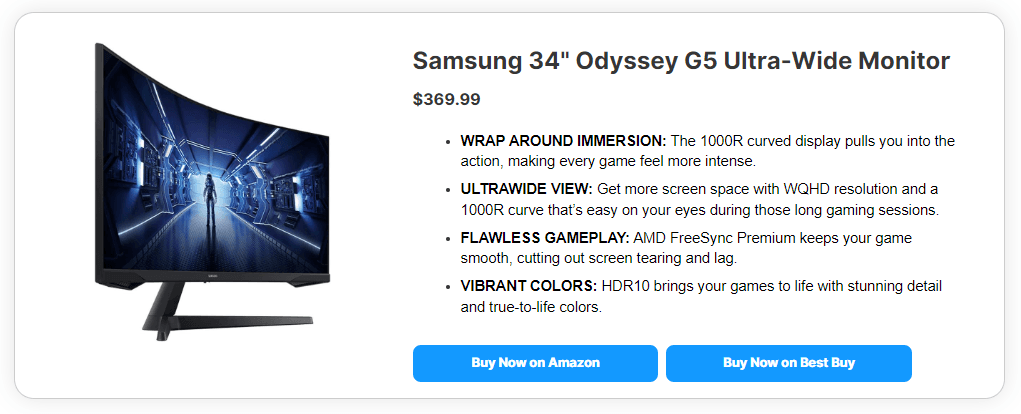 PrettyLinks Product Displays feature 2 CTAs, giving you twice the opportunity to convert with two affiliate links.