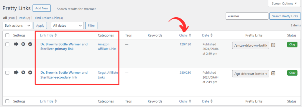 PrettyLinks tracks both product display affiliate links separately for better decision-making