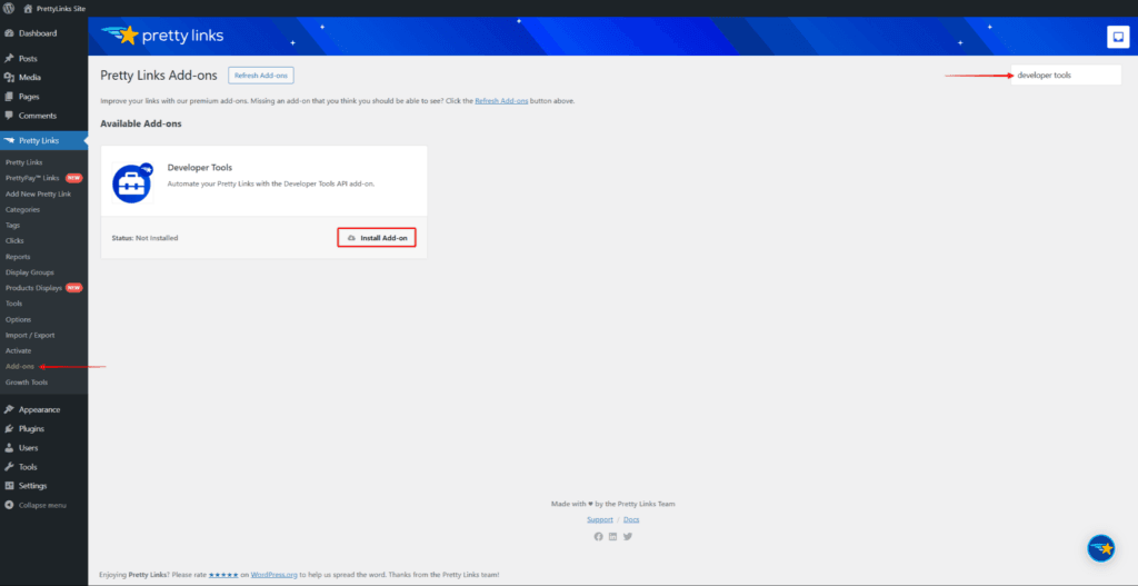 Install the PrettyLinks Developer Tools add-on