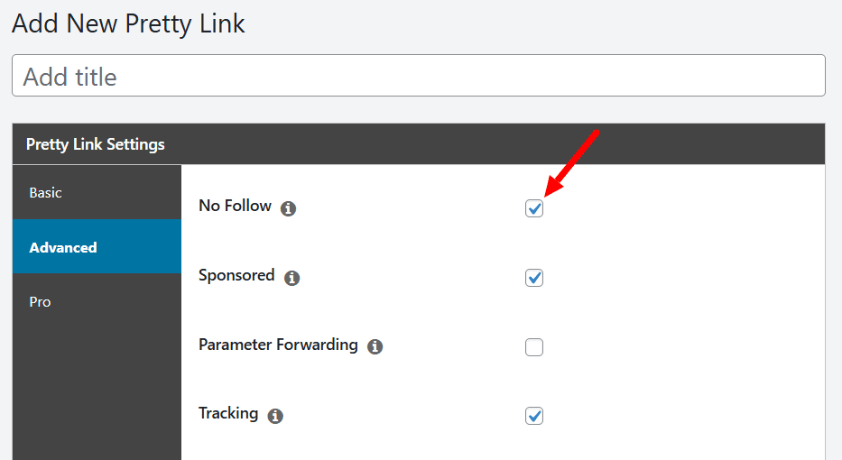 Add the nofollow link attribute in the PrettyLinks link editor